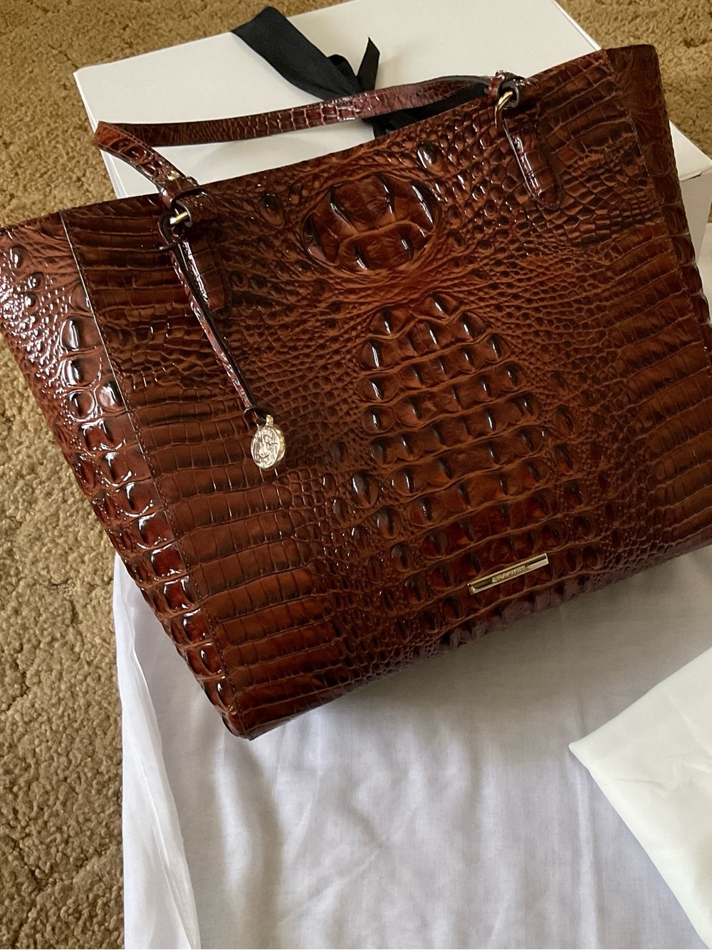 Beautiful Brahmin April pecan Cognac/brown Croc-Embossed Leather Tote! NWOT - Picture 1 of 4